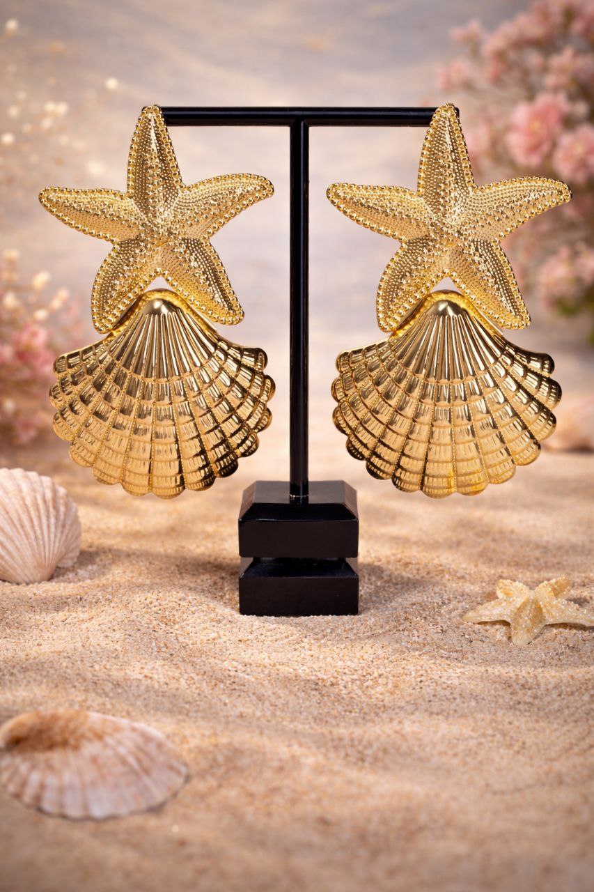 Gold Starfish Shell Statement Earrings, Coastal Glam Earrings, Ocean Inspired Luxury Earrings, Mermaidcore Beach Jewelry