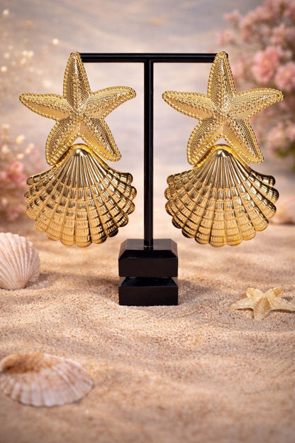 Gold Starfish Shell Statement Earrings, Coastal Glam Earrings, Ocean Inspired Luxury Earrings, Mermaidcore Beach Jewelry