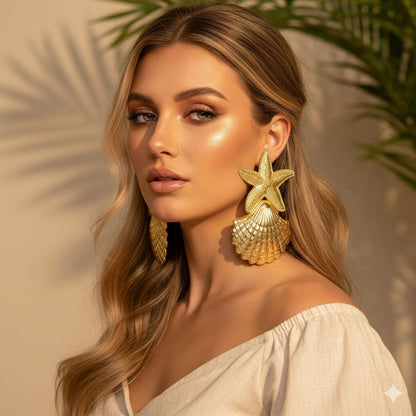 Gold Starfish Shell Statement Earrings, Coastal Glam Earrings, Ocean Inspired Luxury Earrings, Mermaidcore Beach Jewelry