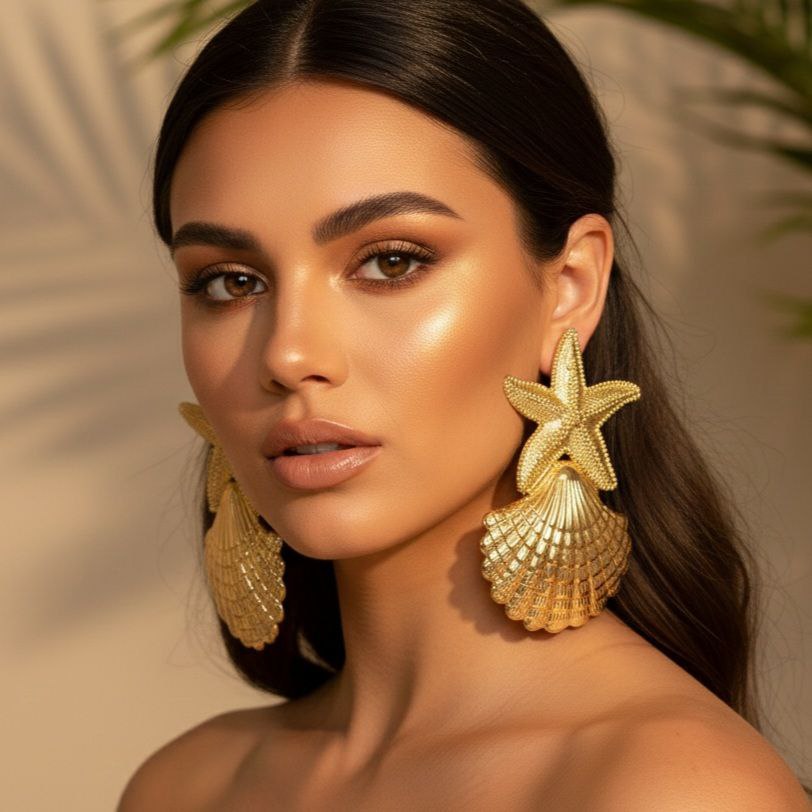Gold Starfish Shell Statement Earrings, Coastal Glam Earrings, Ocean Inspired Luxury Earrings, Mermaidcore Beach Jewelry