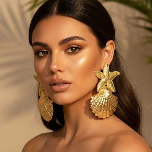 Gold Starfish Shell Statement Earrings, Coastal Glam Earrings, Ocean Inspired Luxury Earrings, Mermaidcore Beach Jewelry