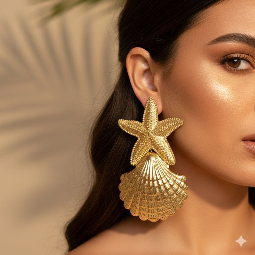 Gold Starfish Shell Statement Earrings, Coastal Glam Earrings, Ocean Inspired Luxury Earrings, Mermaidcore Beach Jewelry