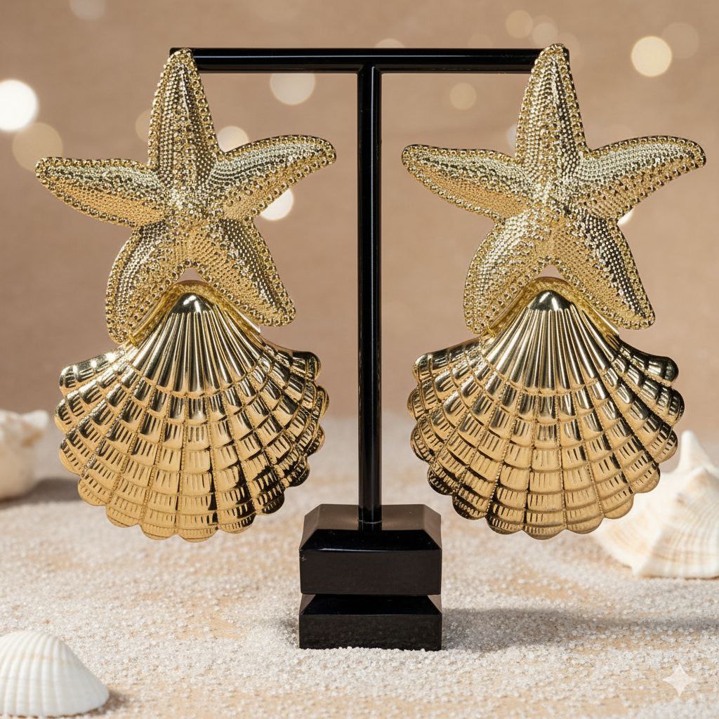 Gold Starfish Shell Statement Earrings, Coastal Glam Earrings, Ocean Inspired Luxury Earrings, Mermaidcore Beach Jewelry