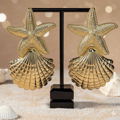 Gold Starfish Shell Statement Earrings, Coastal Glam Earrings, Ocean Inspired Luxury Earrings, Mermaidcore Beach Jewelry