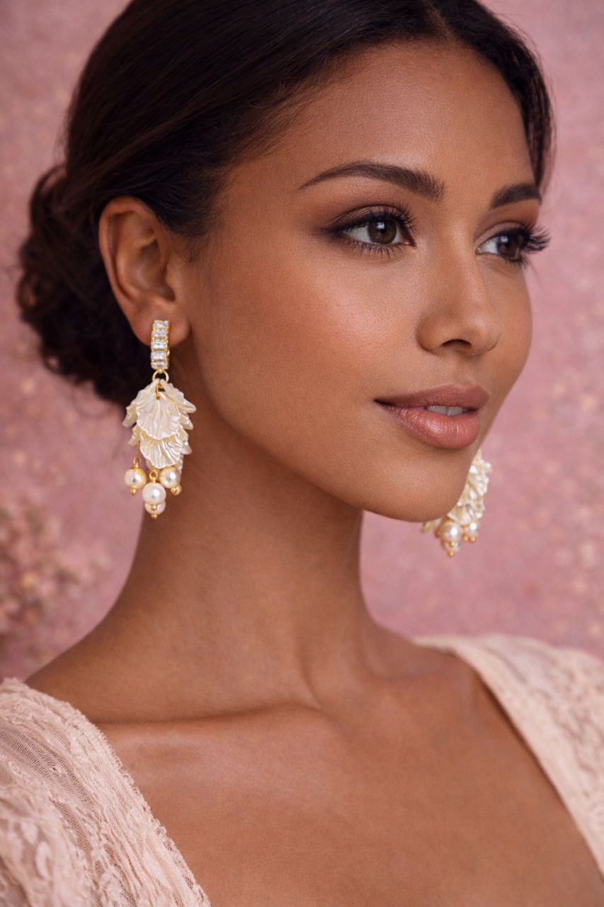 Pearl Cluster Leaf Earrings, Bridal Pearl Earrings, Romanticcore Wedding Earrings, Gold Hoop Statement Earrings, Bride Gift