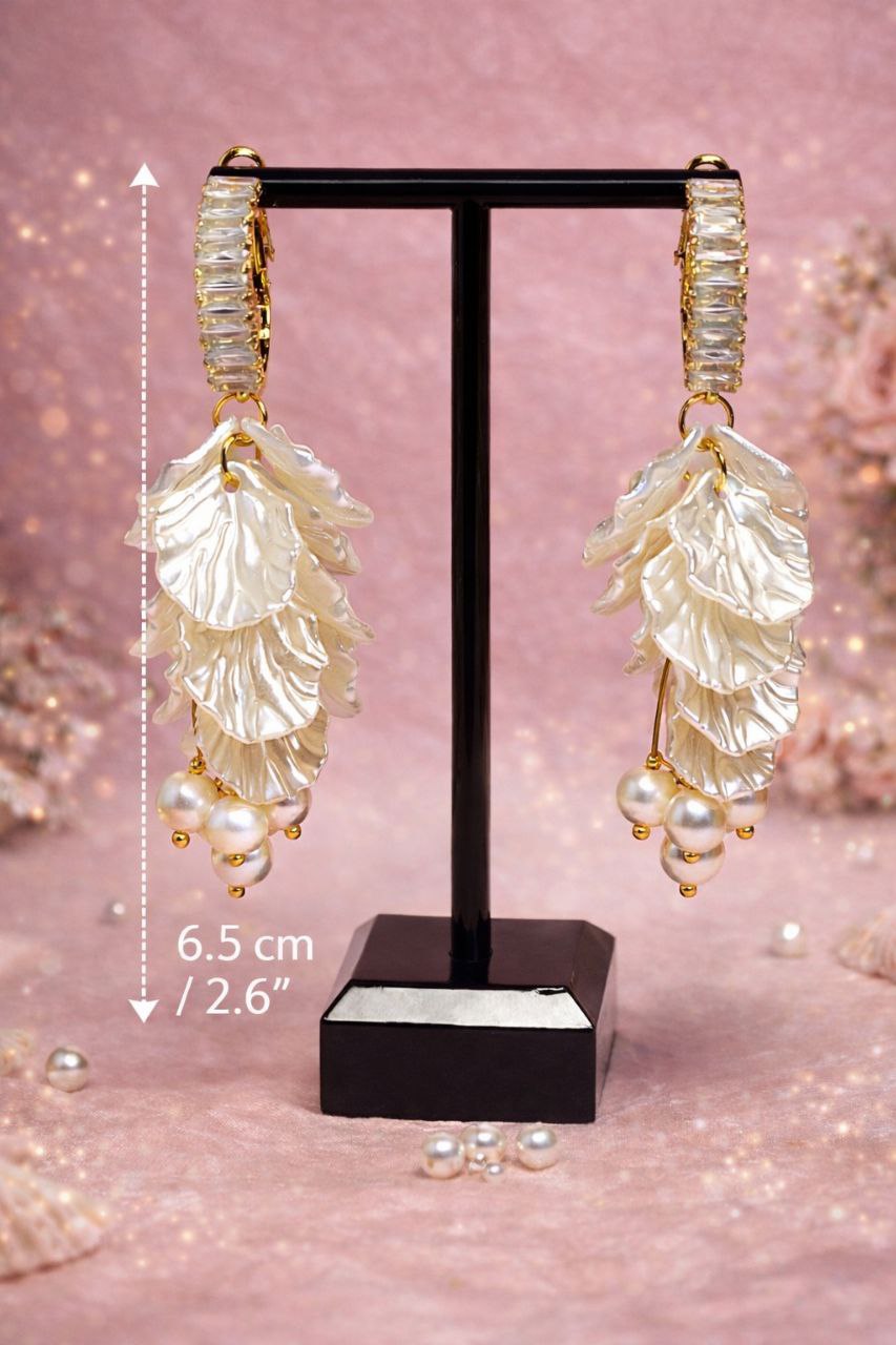 Pearl Cluster Leaf Earrings, Bridal Pearl Earrings, Romanticcore Wedding Earrings, Gold Hoop Statement Earrings, Bride Gift