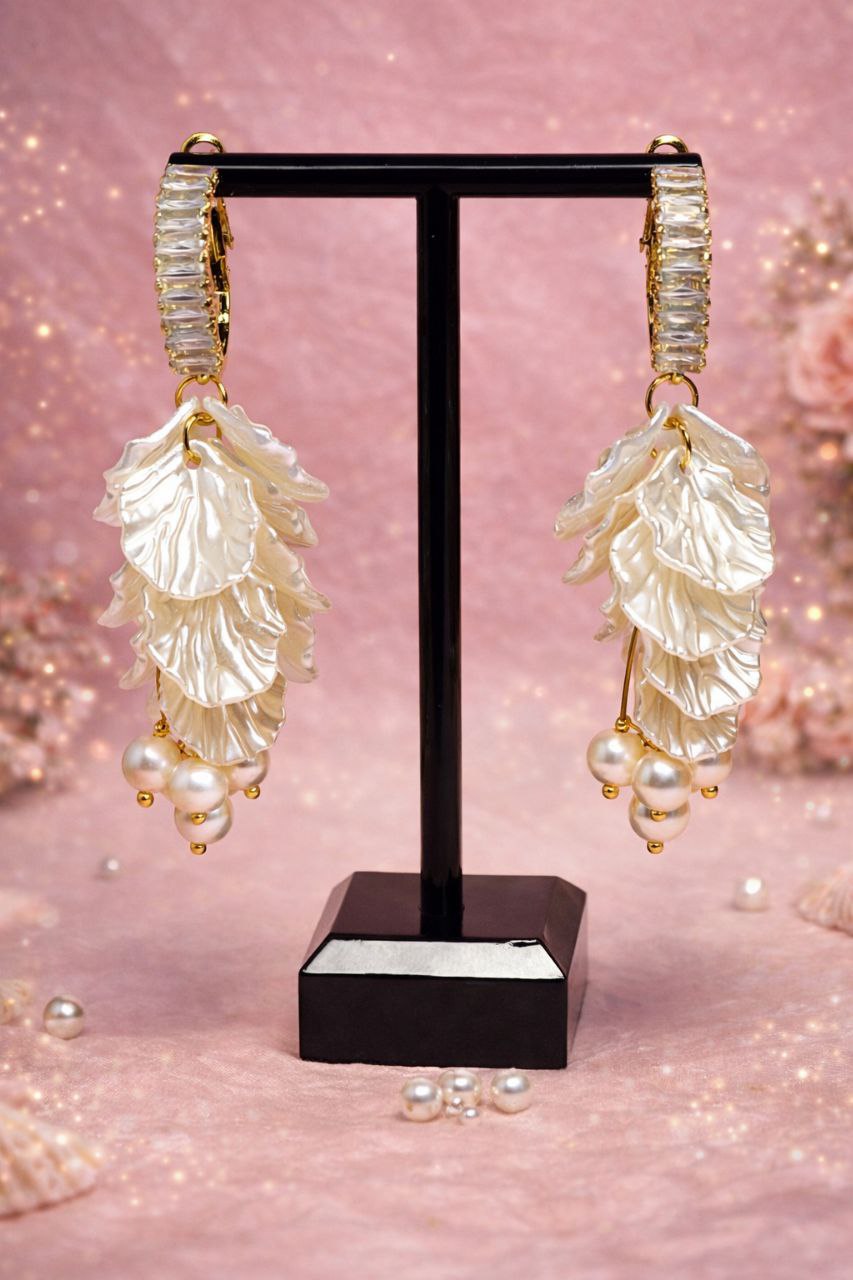 Pearl Cluster Leaf Earrings, Bridal Pearl Earrings, Romanticcore Wedding Earrings, Gold Hoop Statement Earrings, Bride Gift