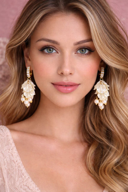 Pearl Cluster Leaf Earrings, Bridal Pearl Earrings, Romanticcore Wedding Earrings, Gold Hoop Statement Earrings, Bride Gift