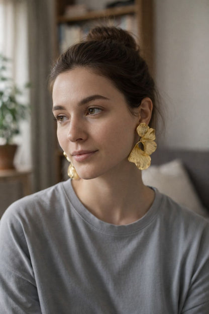 Gold Flower Statement Earrings – Large Botanical Drop Earrings