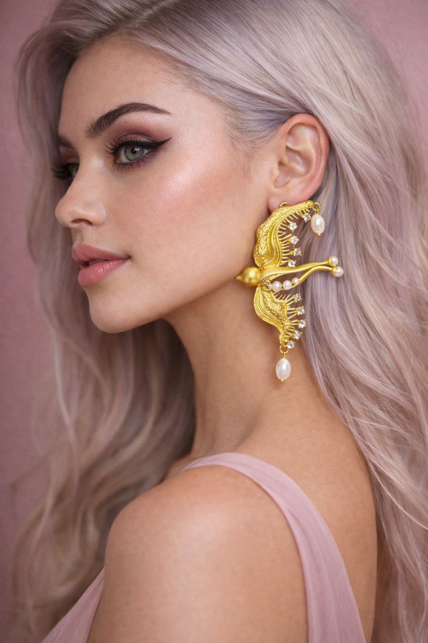 Gold Swallow Statement Earrings – Bridal Wedding Jewelry, Pearl Drop, Luxury Gift for Her
