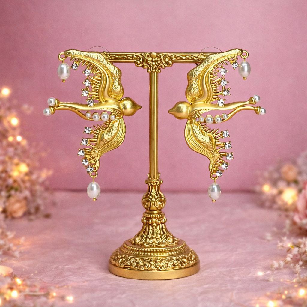 Gold Swallow Statement Earrings – Bridal Wedding Jewelry, Pearl Drop, Luxury Gift for Her