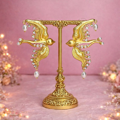 Golden Bird Statement Earrings – Luxury Pearl & Crystal Drop Earrings for Wedding Guest Looks