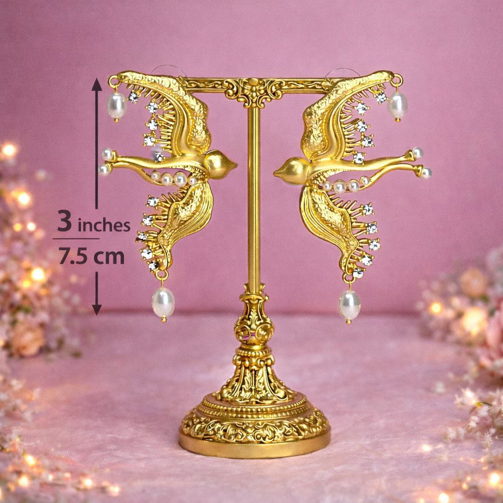 Gold Swallow Statement Earrings – Bridal Wedding Jewelry, Pearl Drop, Luxury Gift for Her