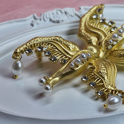 Gold Swallow Statement Earrings – Bridal Wedding Jewelry, Pearl Drop, Luxury Gift for Her