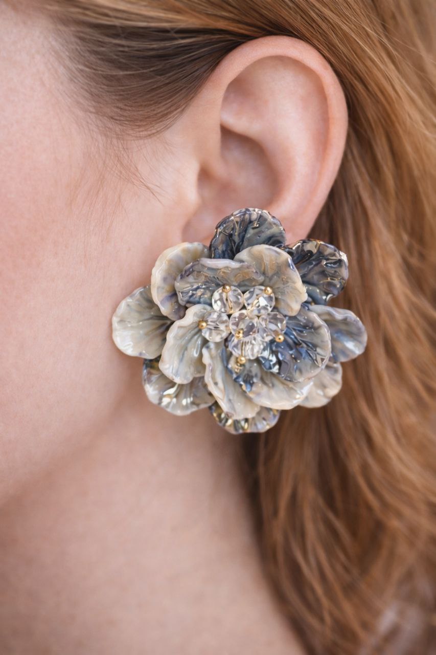 Oversized Floral Statement Earrings Silver Flower Romantic Jewelry