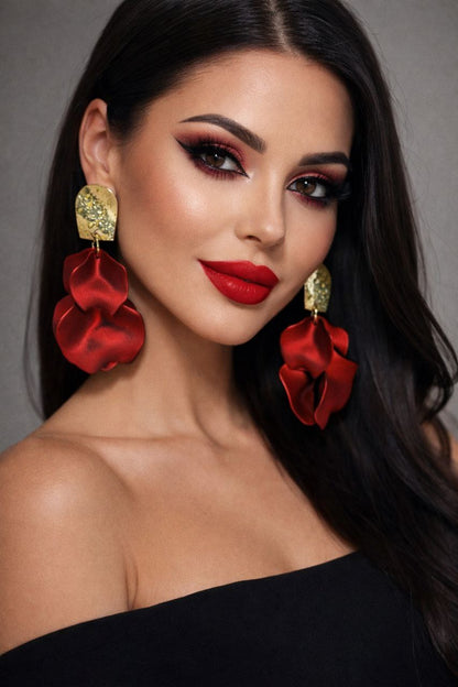 Red Statement Flower Earrings – Bold Gold & Satin Drop Earrings