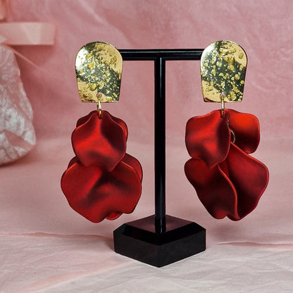 Red Statement Flower Earrings – Bold Gold & Satin Drop Earrings