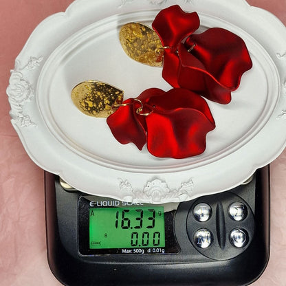 Red Statement Flower Earrings – Bold Gold & Satin Drop Earrings