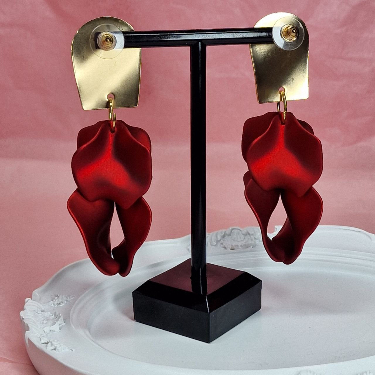 Red Statement Flower Earrings – Bold Gold & Satin Drop Earrings