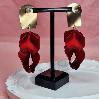 Red Statement Flower Earrings – Bold Gold & Satin Drop Earrings