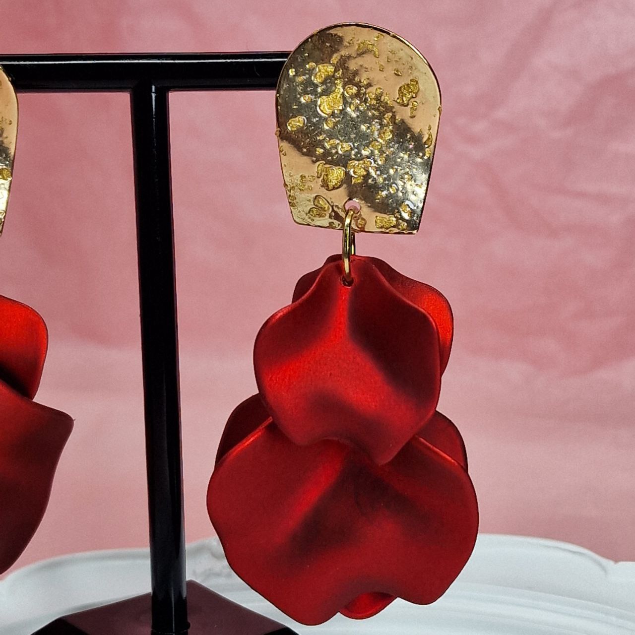 Red Statement Flower Earrings – Bold Gold & Satin Drop Earrings