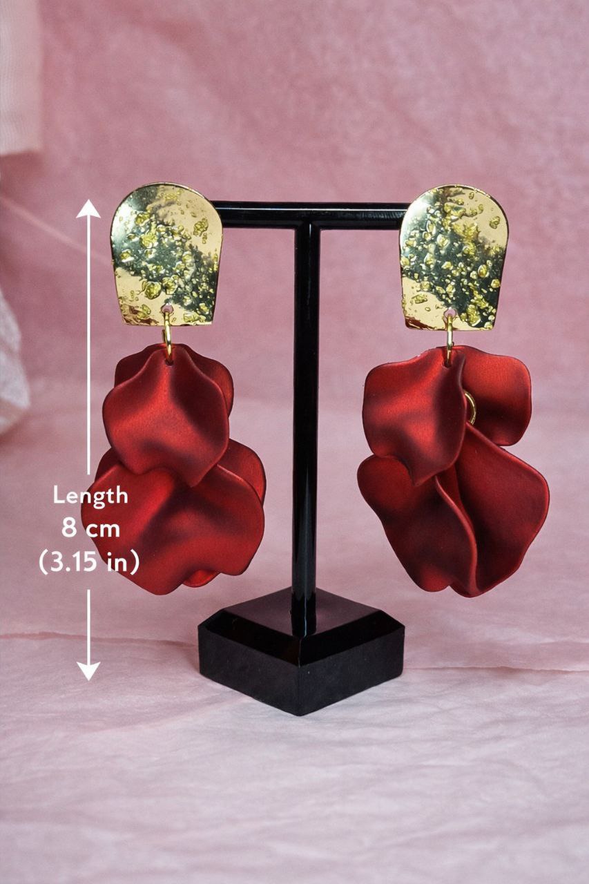 Red Statement Flower Earrings – Bold Gold & Satin Drop Earrings