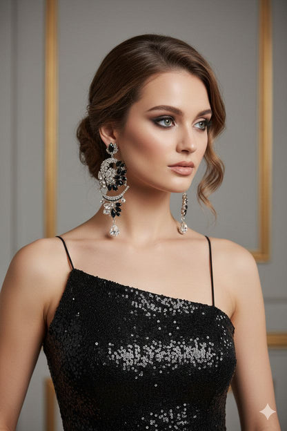 Black Crystal Statement Earrings | Luxury Rhinestone Chandelier Earrings