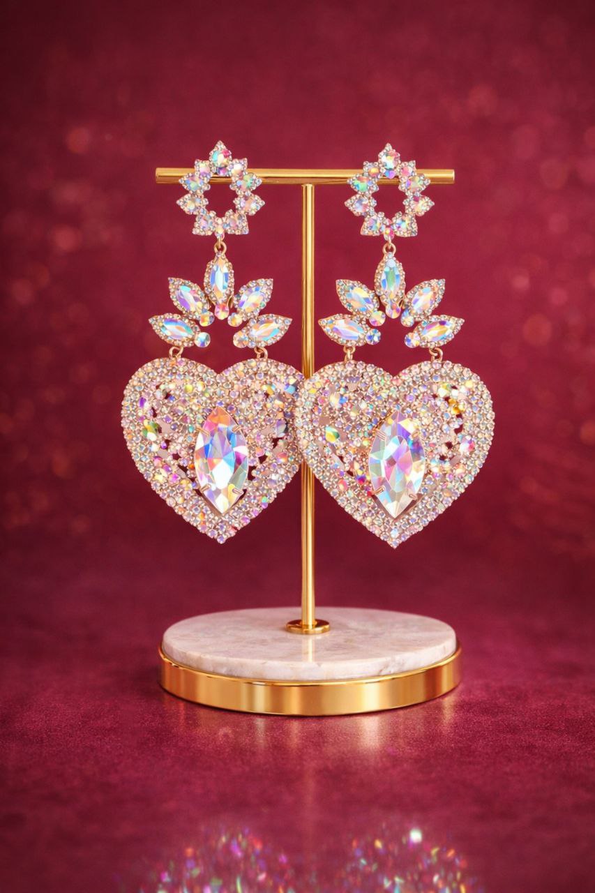 Crystal Heart Statement Earrings | AB Rhinestone Bridal Earrings