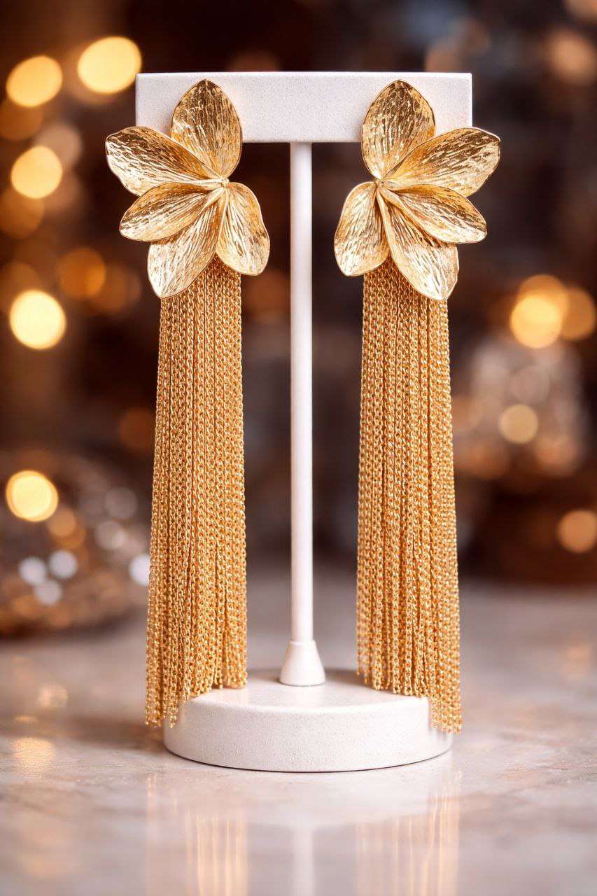 Gold Floral Tassel Statement Earrings Oversized Luxury Drop Earrings