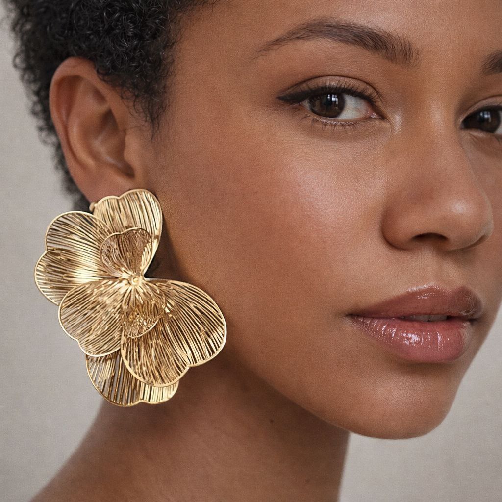 Gold Floral Statement Earrings – Oversized Flower Earrings, Luxury Lightweight Petal Earrings, Elegant Gift for Her