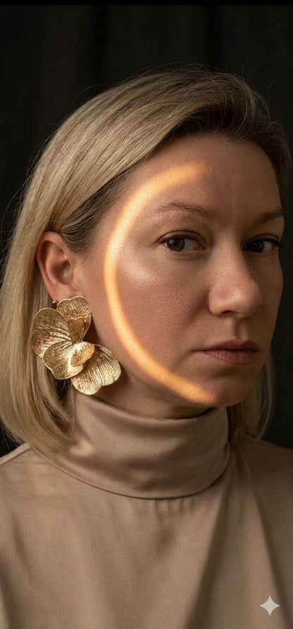Gold Floral Statement Earrings – Oversized Flower Earrings, Luxury Lightweight Petal Earrings, Elegant Gift for Her