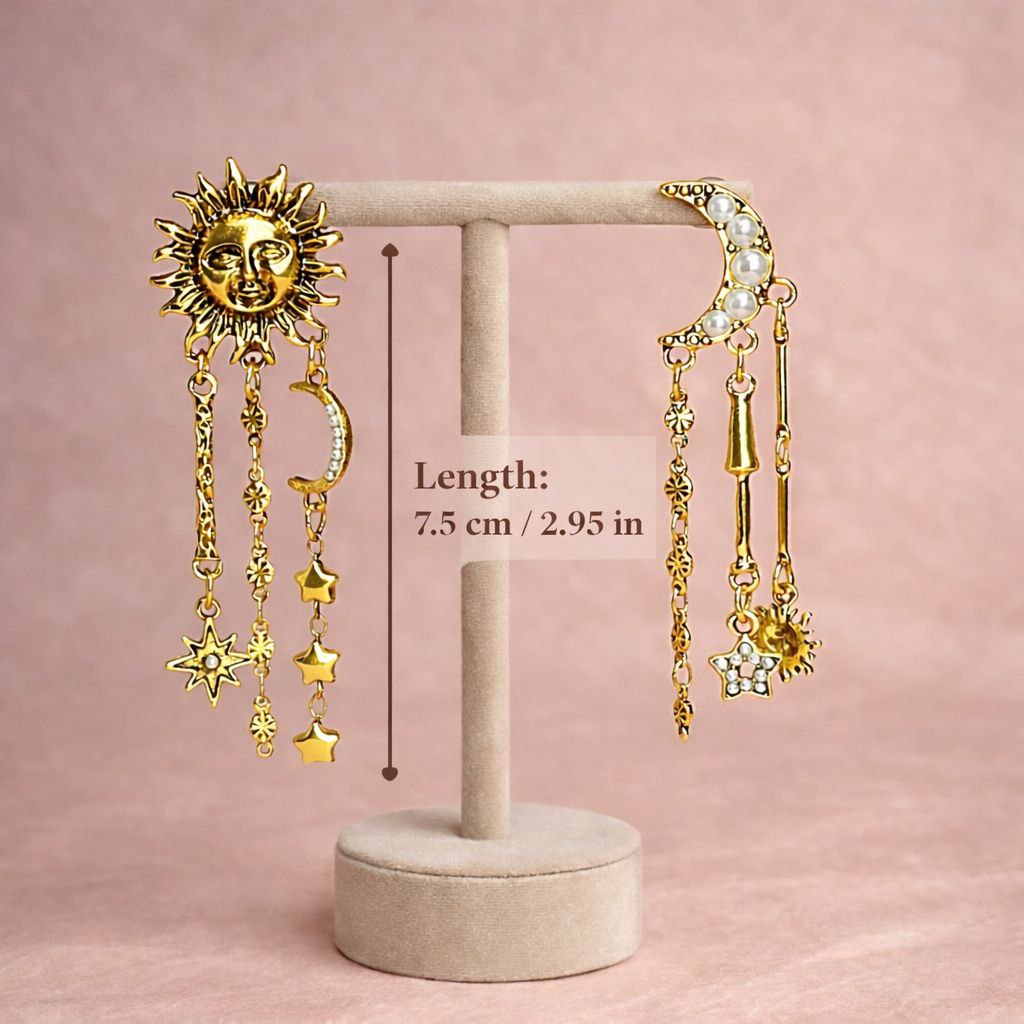 Gold Sun & Moon Statement Earrings – Celestial Asymmetrical Star Drop Earrings