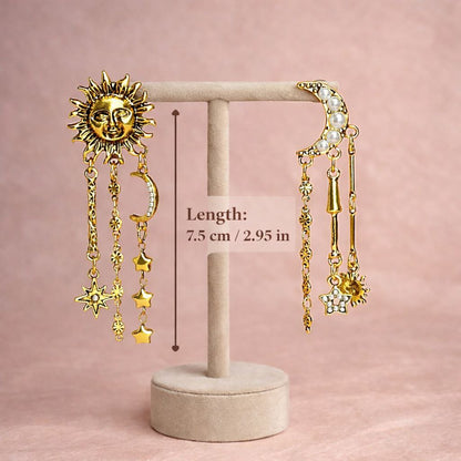 Gold Sun & Moon Statement Earrings – Celestial Asymmetrical Star Drop Earrings