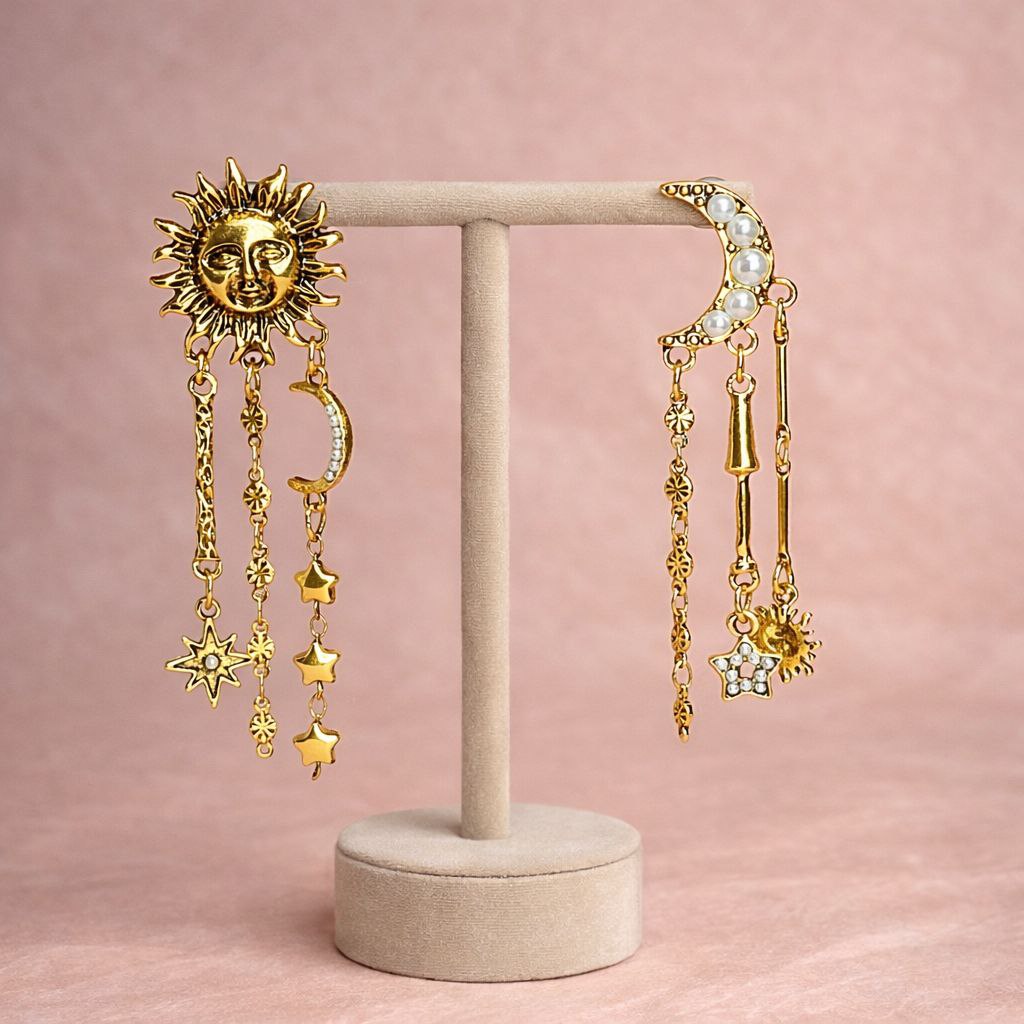 Gold Sun & Moon Statement Earrings – Celestial Asymmetrical Star Drop Earrings