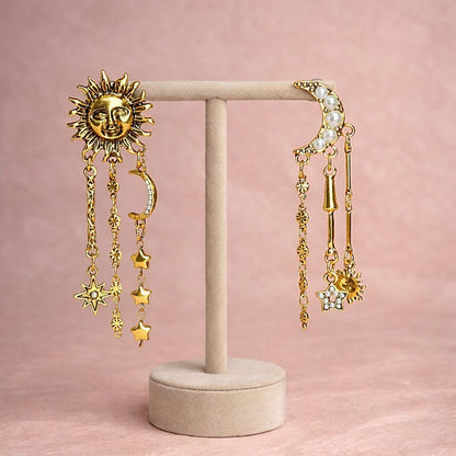 Gold Sun & Moon Statement Earrings – Celestial Asymmetrical Star Drop Earrings