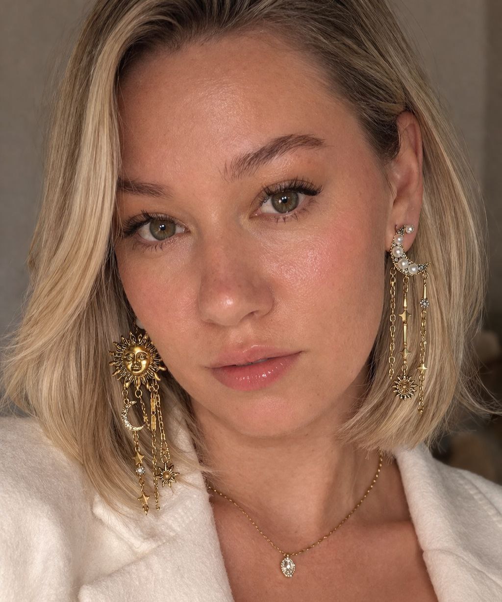 Gold Sun & Moon Statement Earrings – Celestial Asymmetrical Star Drop Earrings