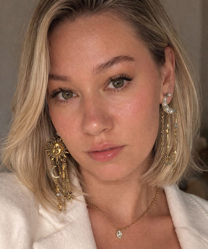 Gold Sun & Moon Statement Earrings – Celestial Asymmetrical Star Drop Earrings