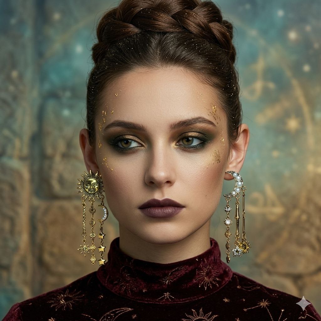 Gold Sun & Moon Statement Earrings – Celestial Asymmetrical Star Drop Earrings