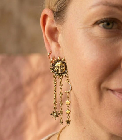 Gold Sun & Moon Statement Earrings – Celestial Asymmetrical Star Drop Earrings