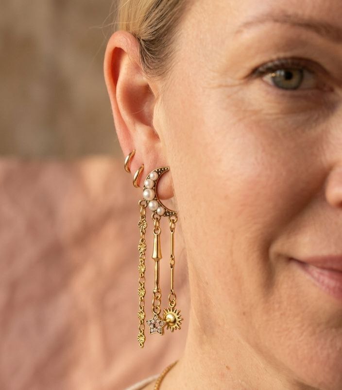 Gold Sun & Moon Statement Earrings – Celestial Asymmetrical Star Drop Earrings
