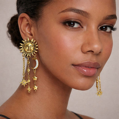 Gold Sun & Moon Statement Earrings – Celestial Asymmetrical Star Drop Earrings