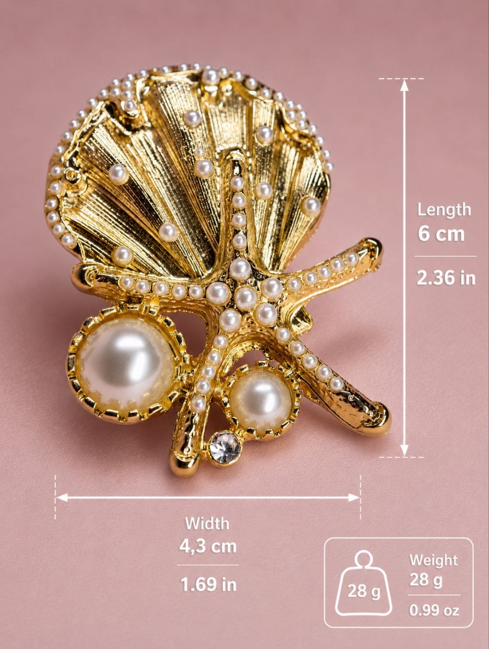 Gold Seashell Starfish Ring, Ocean Pearl Statement Ring, Adjustable Coastal Jewelry Gift for Her