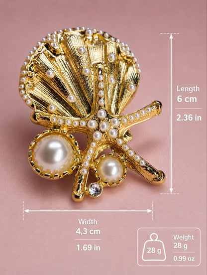 Gold Seashell Starfish Ring, Ocean Pearl Statement Ring, Adjustable Coastal Jewelry Gift for Her
