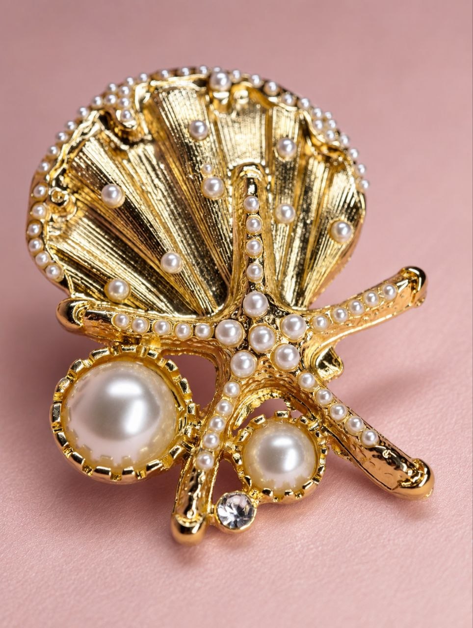 Gold Seashell Starfish Ring, Ocean Pearl Statement Ring, Adjustable Coastal Jewelry Gift for Her