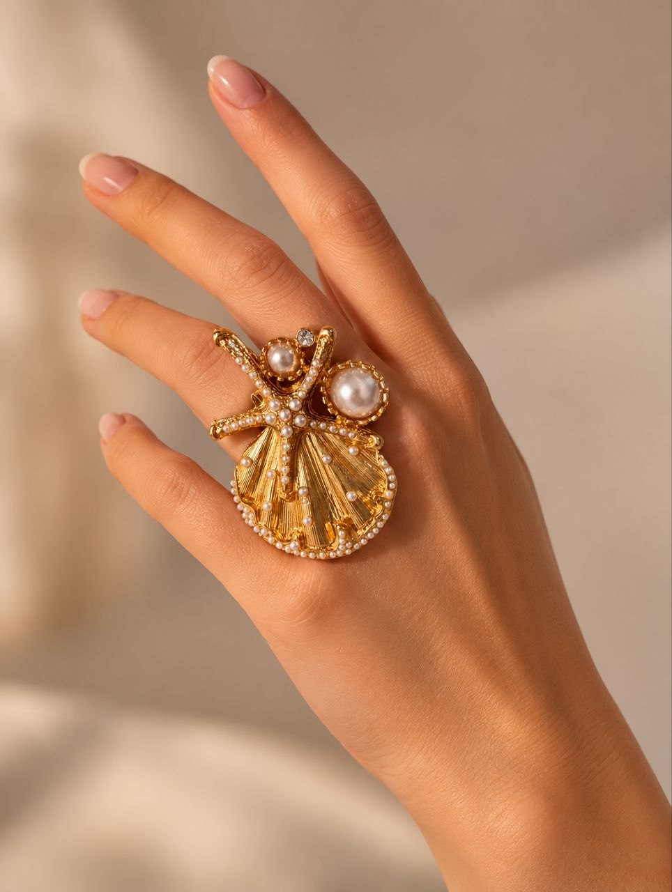 Gold Seashell Starfish Ring, Ocean Pearl Statement Ring, Adjustable Coastal Jewelry Gift for Her