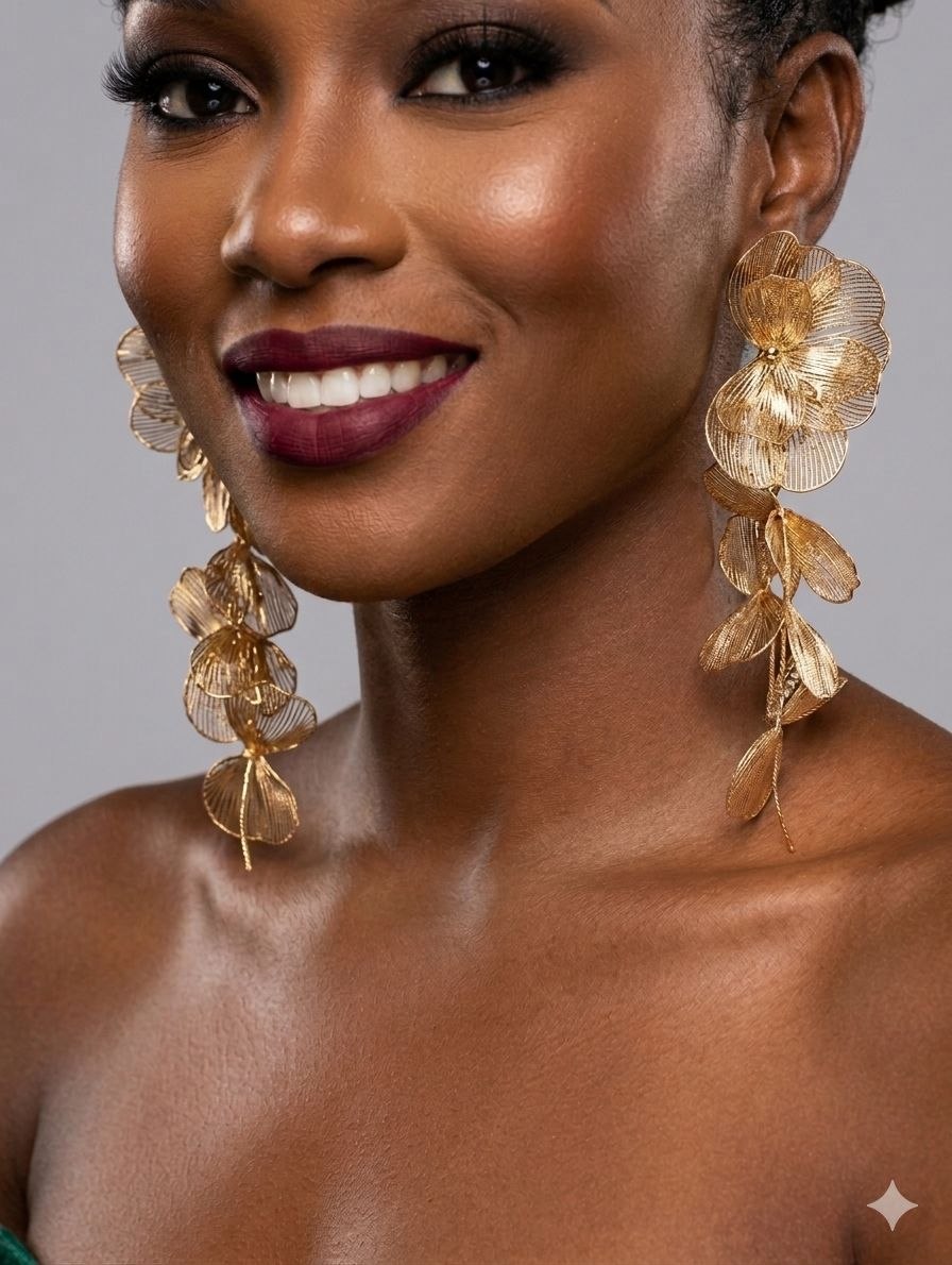 Golden Orchid Statement Earrings – Oversized Floral Gold Earrings
