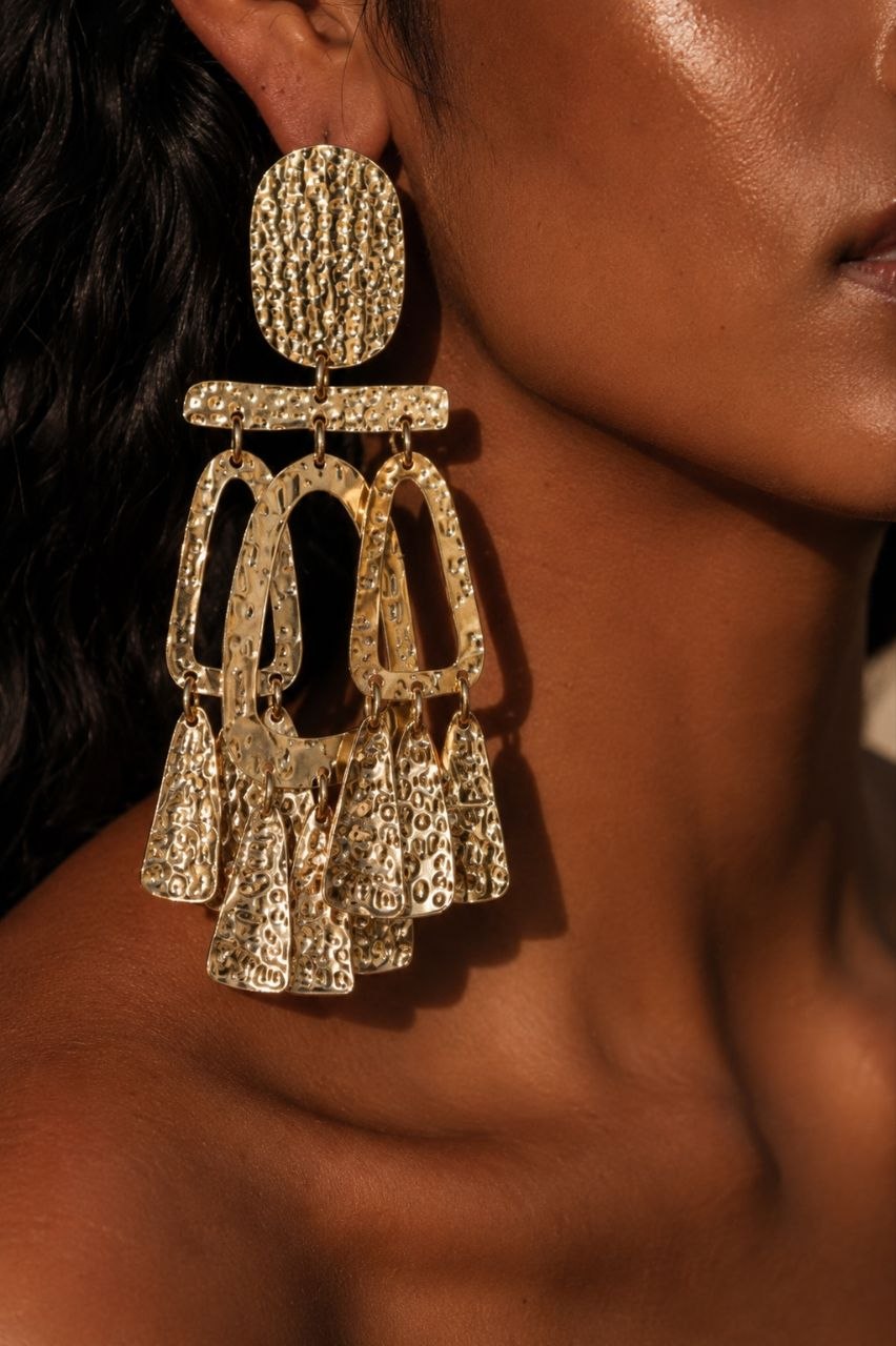 Gold Tribal Statement Earrings, Oversized Hammered Earrings, Boho Luxe Dangle Earrings, Resort Glam Jewelry