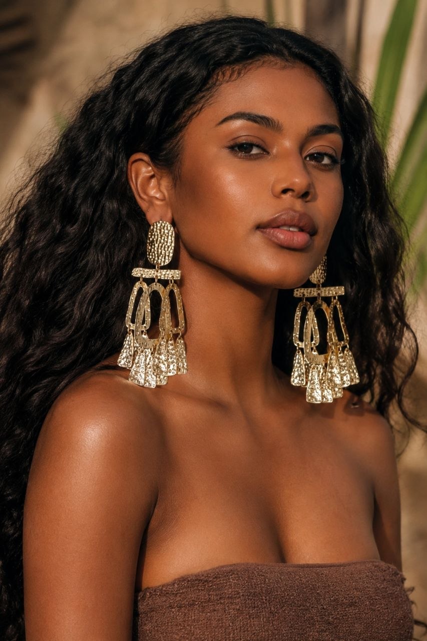 Gold Tribal Statement Earrings, Oversized Hammered Earrings, Boho Luxe Dangle Earrings, Resort Glam Jewelry