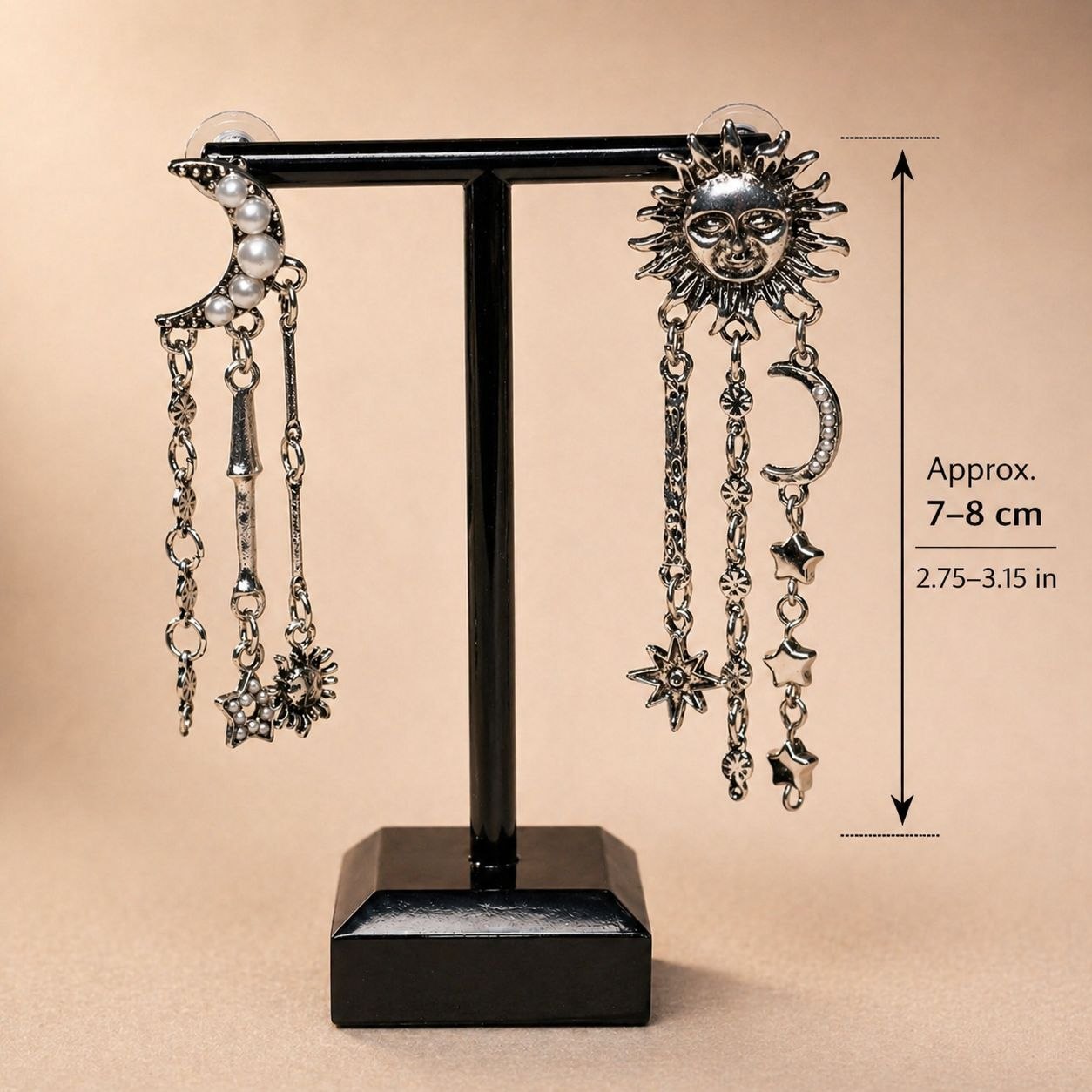 Celestial Sun & Moon Statement Earrings – Asymmetrical Star Chain Drop Earrings
