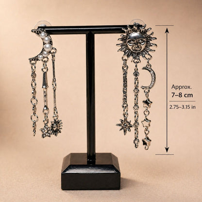 Celestial Sun & Moon Statement Earrings – Asymmetrical Star Chain Drop Earrings